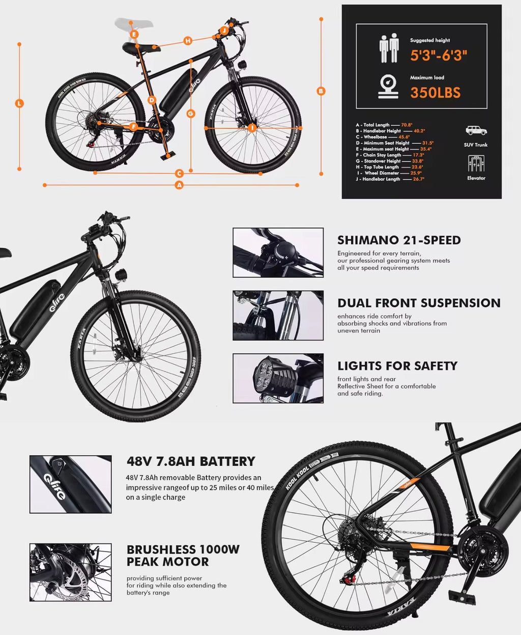 Qlife racer 26inch Mountain E-Bike 350w up to 23mph 40 miles range 48v/7.8ah battery tire width 26*2.1 48lbs lower price and very convenient E-Bike for quality and affordability!
