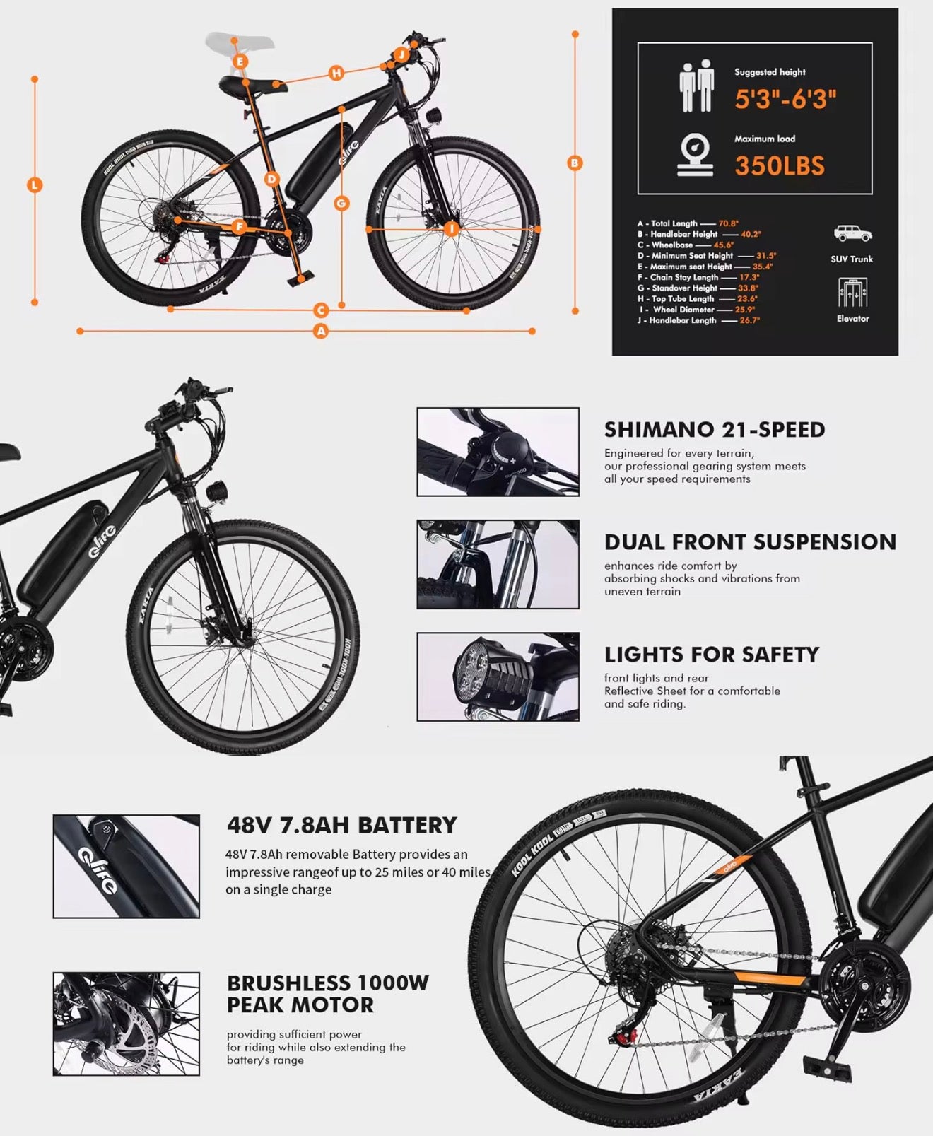 Qlife racer 26inch Mountain E-Bike 350w up to 23mph 40 miles range 48v/7.8ah battery tire width 26*2.1 48lbs lower price and very convenient E-Bike for quality and affordability!