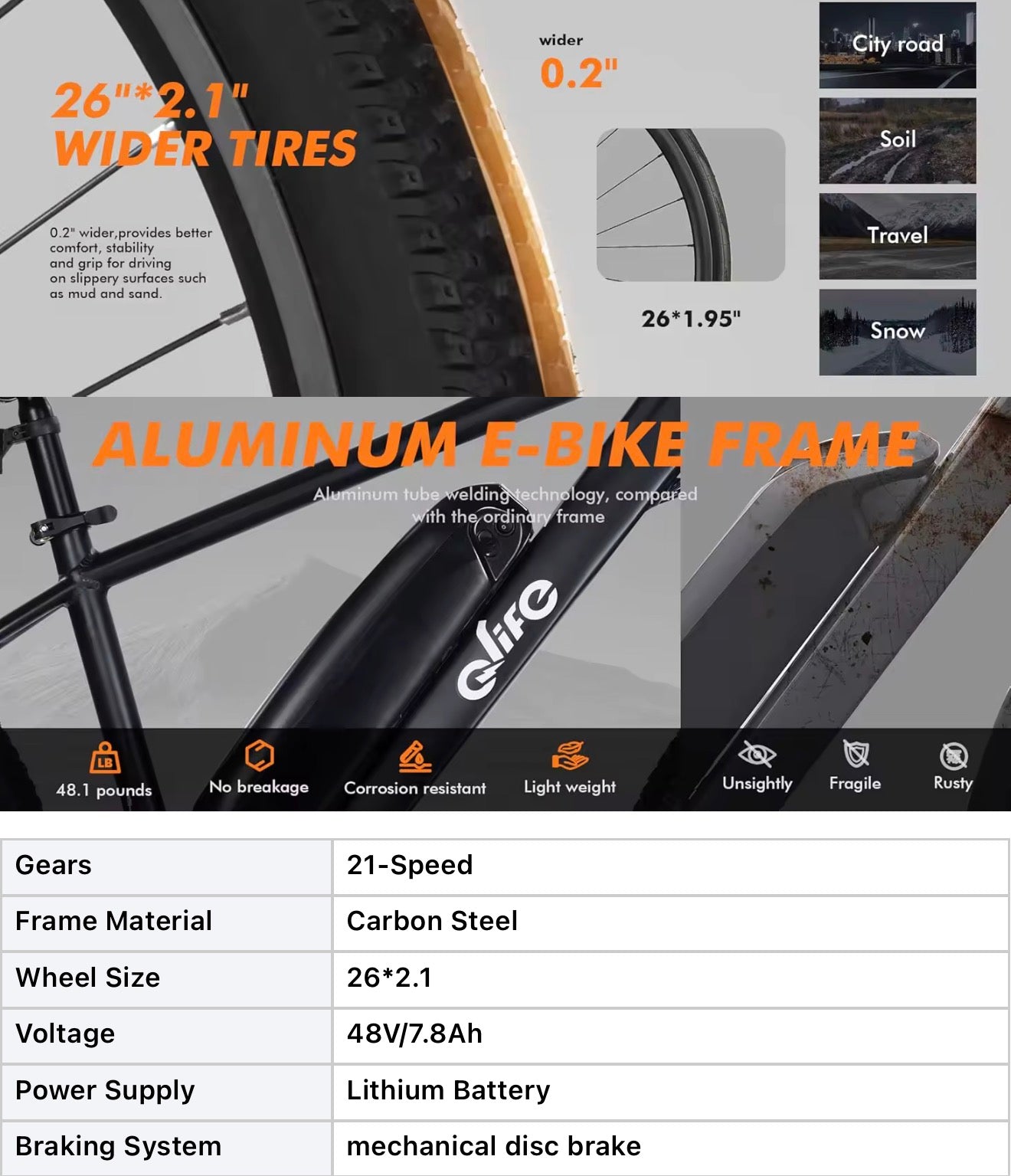 Qlife racer 26inch Mountain E-Bike 350w up to 23mph 40 miles range 48v/7.8ah battery tire width 26*2.1 48lbs lower price and very convenient E-Bike for quality and affordability!