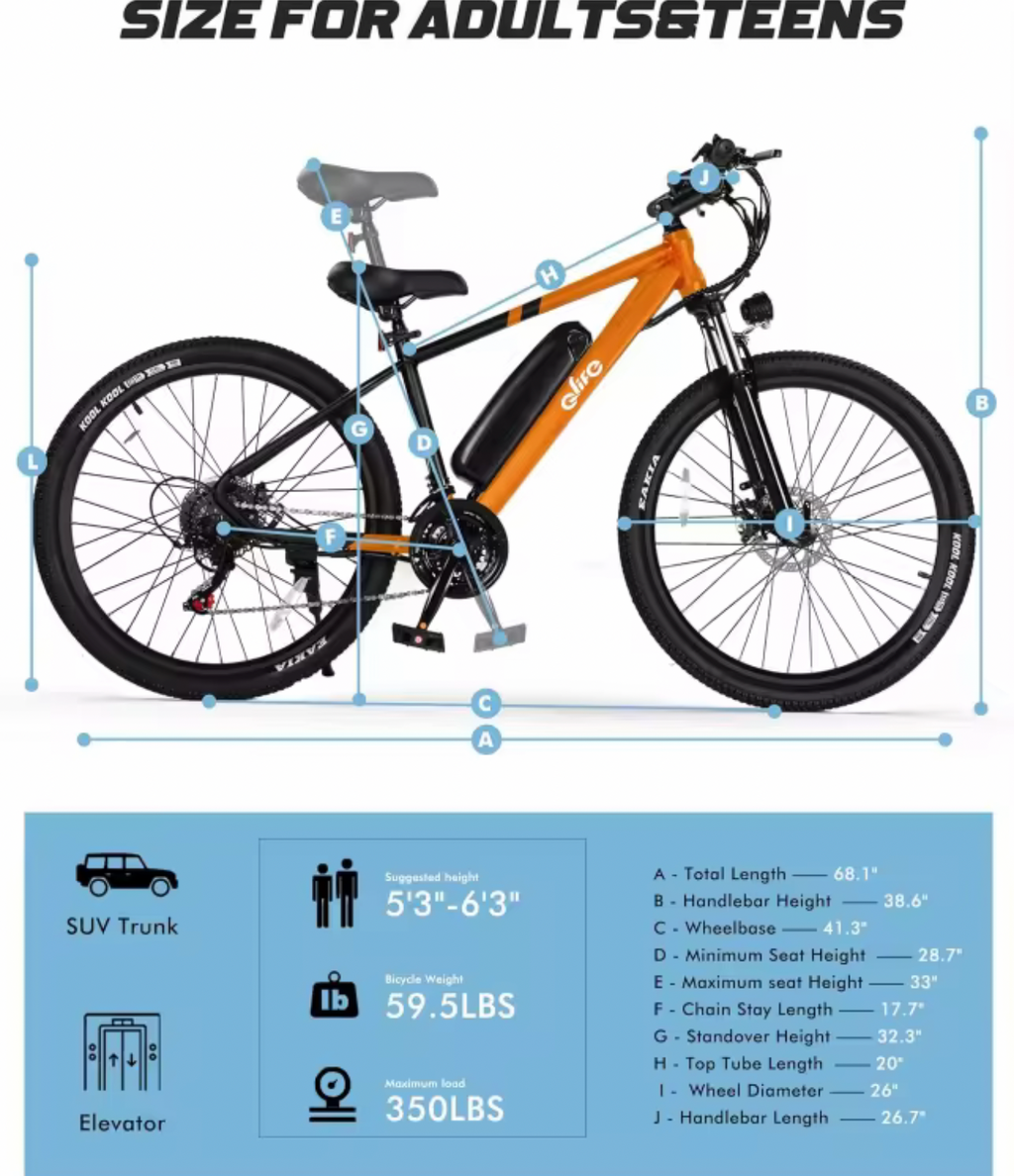 Qlife racer 26inch Mountain E-Bike 350w up to 23mph 40 miles range 48v/7.8ah battery tire width 26*2.1 48lbs lower price and very convenient E-Bike for quality and affordability!